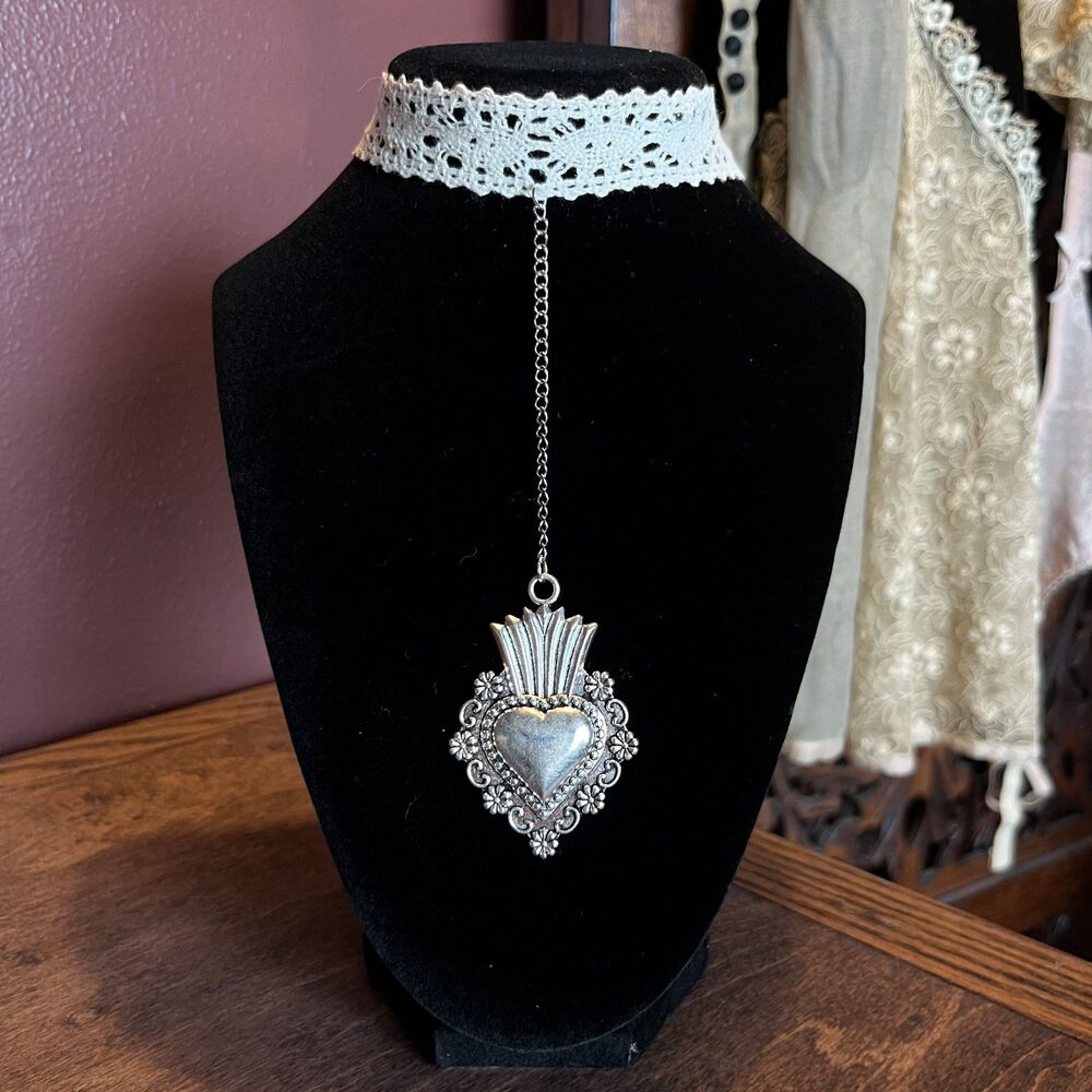 Stainless Steel Silver Sacred Heart Drop Choker Antique-Style Lace Whimsygoth